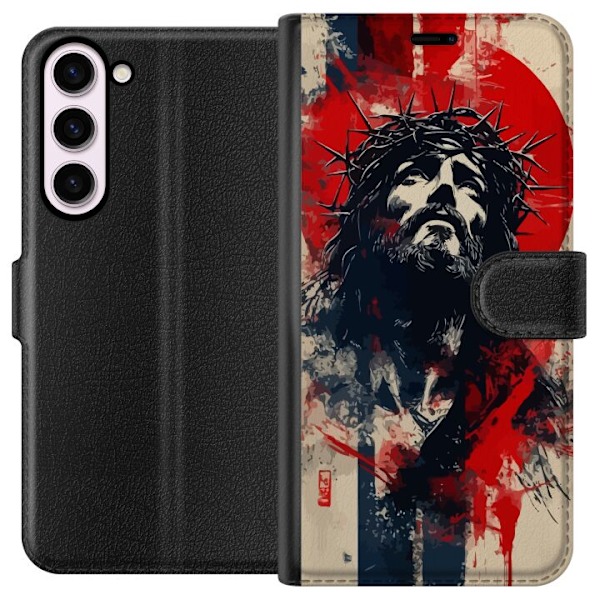 Samsung Galaxy S23+ Lompakkokotelo Jeesus ristillä - kristillinen aihe vahvalla symboliikalla uskosta ja toivosta