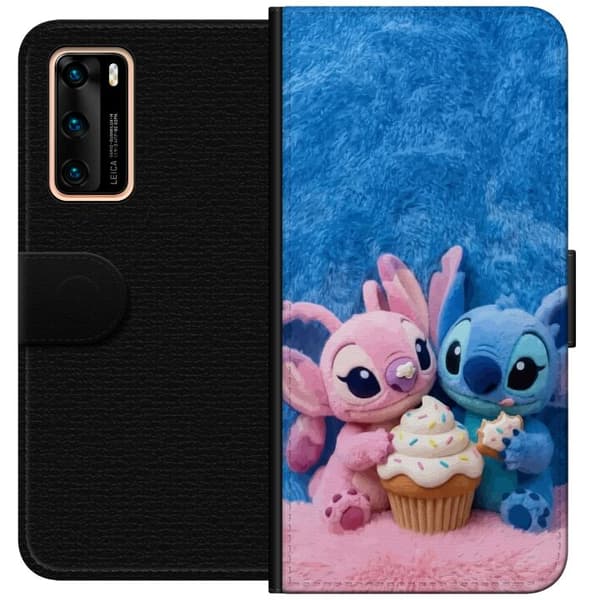 Kompatibel Tegnebogsetui til Huawei P40 Søde blå og lyserøde figurer med stor cupcake og krymmel pink