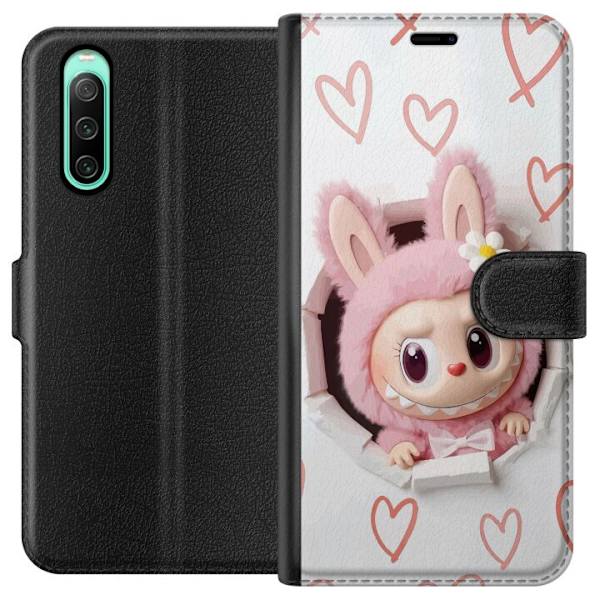 Sony Xperia 10 IV Lompakkokotelo Labubu Sydän Taustakuva Pop Mart Rakkausteema Hahmodesign Suosittu Motiivi Keräilytaideteossarja