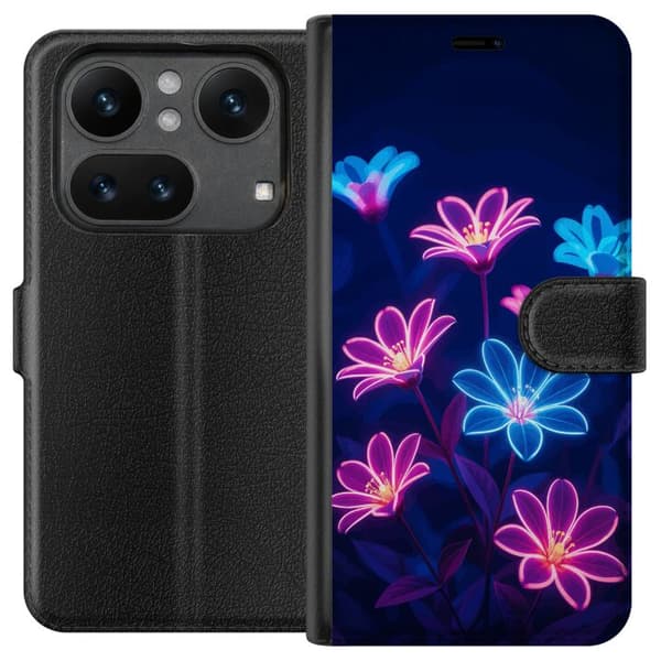 Kompatibel Tegnebogsetui til Nothing Phone 4a Pro Blåt og lyserødt motiv med lysende neonblomster mod mørk baggrund blå