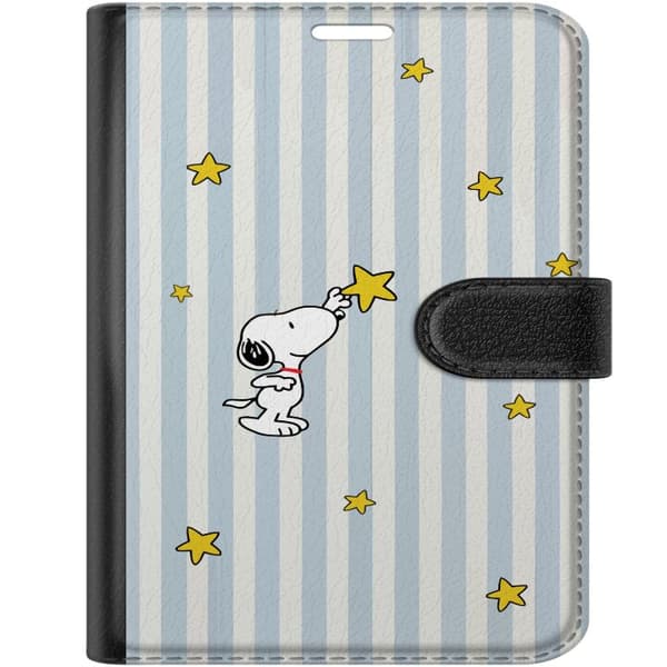 Kompatibelt Plånboksfodral till Apple iPhone Duo Tecknad vit hund som sträcker sig efter gula stjärnor mot blåvit randig bakgrund blå