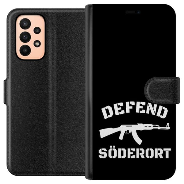 Kompatibel Tegnebogsetui til Samsung Galaxy A23 Sort Söderort - hvidt områdeslogan og hvid våbensilhuet på sort baggrund sort