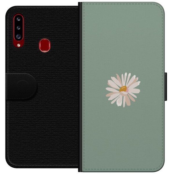 Samsung Galaxy A20s Plånboksfodral Grön Minimalblomma – stilren blomma på grön bakgrund