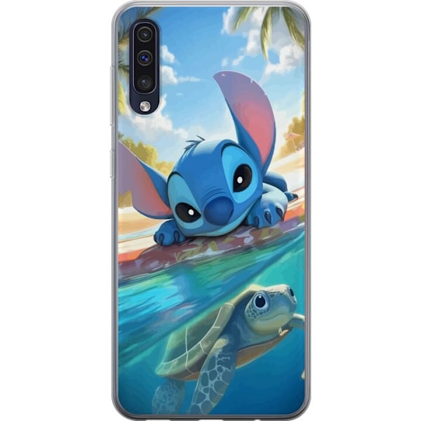 Samsung Galaxy A50 Genomskinligt Skal Stitch med sköldpadda – söt blå alien i tropisk strandmiljö från Disney