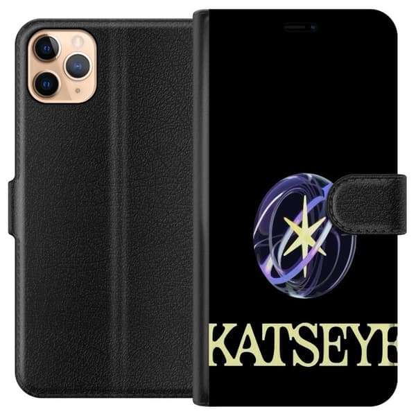Kompatibel Tegnebogsetui til Apple iPhone 11 Pro Max KATSEYE-logo med gul stjerne, lilla omløbsringe og lys typografi på sort baggrund sort