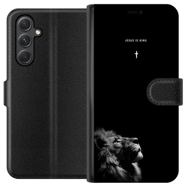 Kompatibel Tegnebogsetui til Samsung Galaxy A35 Lejon med Jesus is King citat sort
