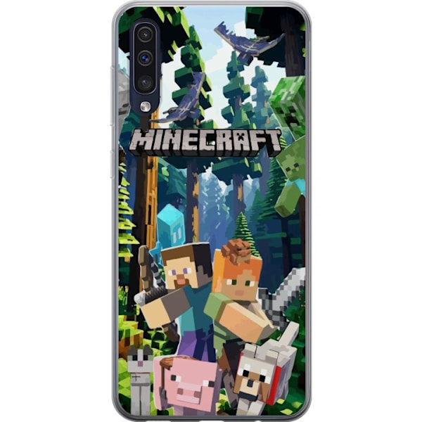 Samsung Galaxy A50 Läpinäkyvä kuori Minecraft-matkapuhelinkotelo metsällä ja pikselityylisillä hahmoilla