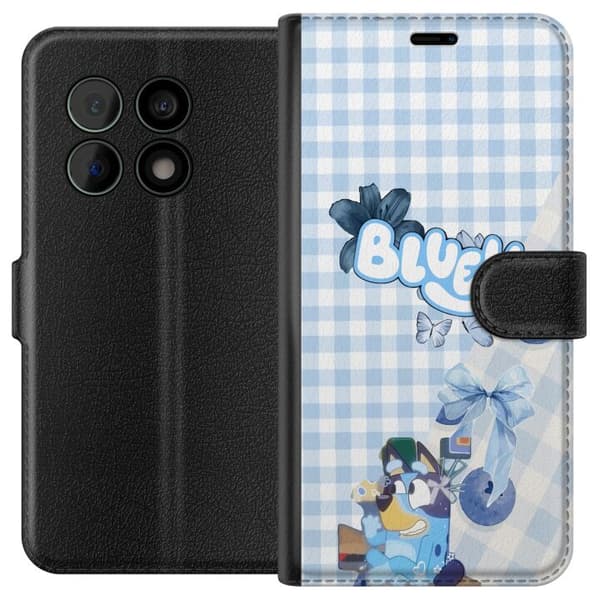 Kompatibel Tegnebogsetui til OnePlus 10 Pro Bluey med blå sløjfe og ternet baggrund blå