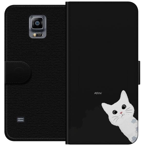 Kompatibel Tegnebogsetui til Samsung Galaxy Note 4 Sort motiv med hvid kat og Meow-tekst, legesyg katteillustration sort