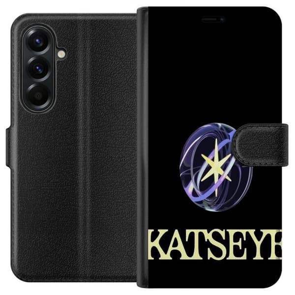 Kompatibel Tegnebogsetui til Samsung Galaxy A37 KATSEYE-logo med gul stjerne, lilla omløbsringe og lys typografi mod sort baggrund sort