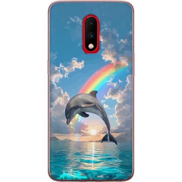 Kompatibelt Mobilskal till OnePlus 7 Realistisk delfin framför regnbåge över lugnt hav blå