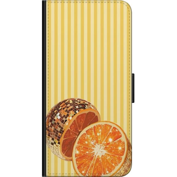 Kompatibel Tegnebogsetui til OnePlus 9 Pro Glitrende appelsinskiver og discokugle mod gulstribet retrobaggrund gul