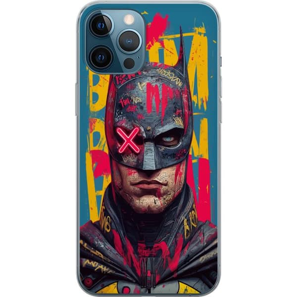 Kompatibelt Mobildeksel til Apple iPhone 12 Pro Max Maskert mørk helt med neonrødt kors og fargerike graffitidetaljer blå