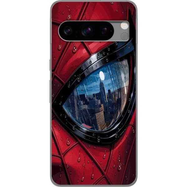Kompatibelt Mobildeksel til Google Pixel 8 Pro Nærbilde av Spider-Man-maske med regndråper og byrefleksjon i øyet rød