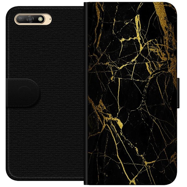 Huawei Y6 (2018) Tegnebogsetui Marmor Sort & Guld