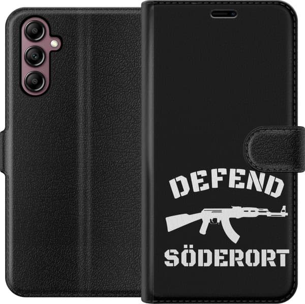 Kompatibel Tegnebogsetui til Samsung Galaxy A14 5G Sort Söderort - hvidt områdeslogan og hvid våbensilhuet på sort baggrund sort