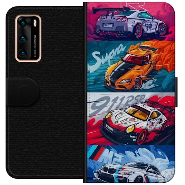 Huawei P40 Lompakkokotelo Nopeat Autot - Piirretty Kuvio Toimi