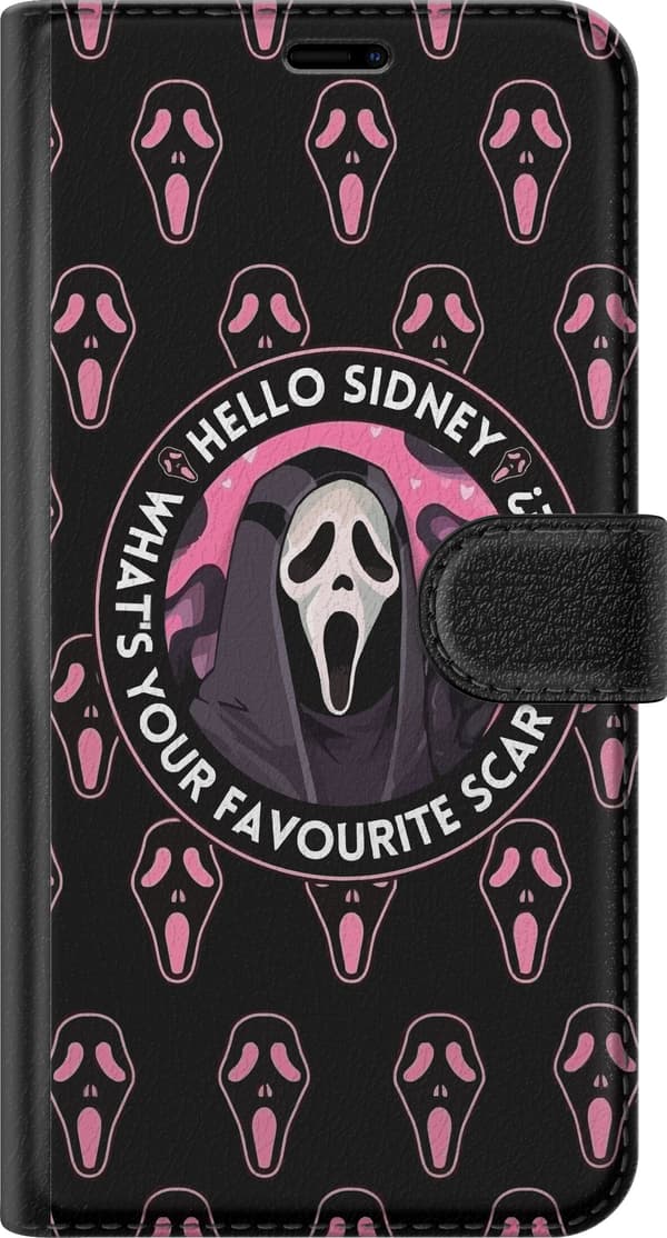 Kompatibel Tegnebogsetui til OnePlus 8 Pro Sort og rosa skrækmotiv med maskerede figurer og teksten Hello Sidney sort