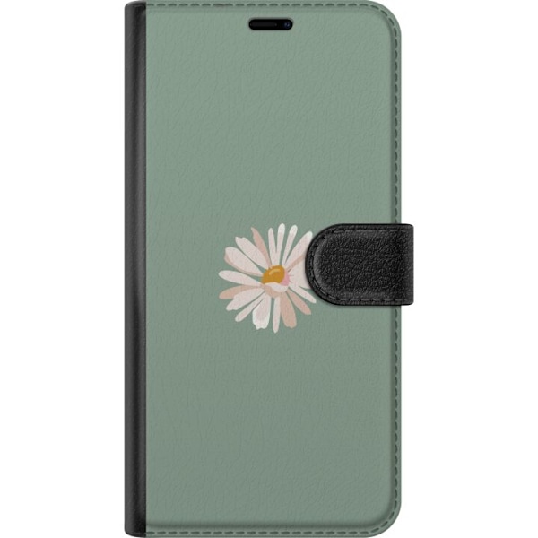 OnePlus 13 Plånboksfodral Grön Minimalblomma – stilren blomma på grön bakgrund
