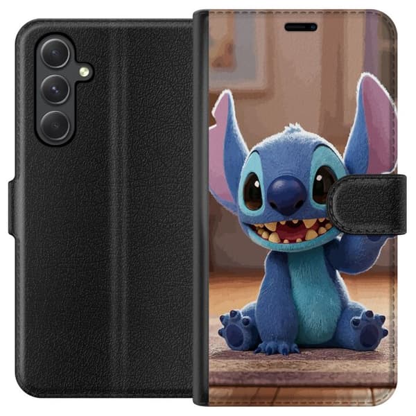 Kompatibel Tegnebogsetui til Samsung Galaxy A25 Et sødt blåt rumvæsen med store ører, der sidder og vinker blå