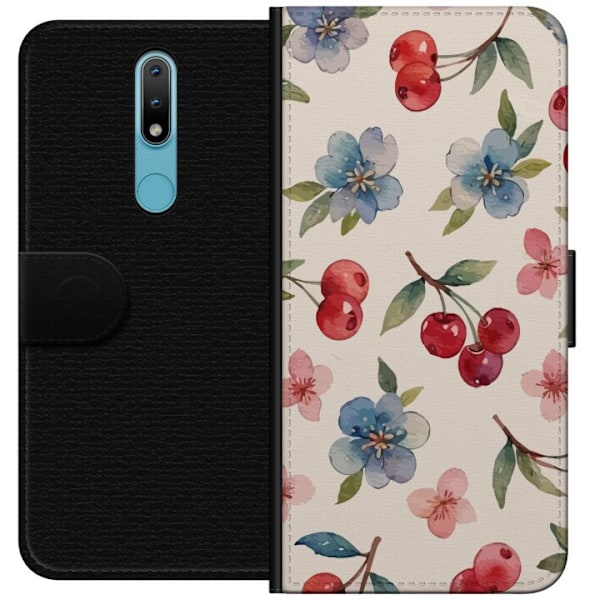 Nokia 2.4 Lompakkokotelo Marjat & Kukat - kuvio, jossa on sinisiä kukkia ja metsänmarjoja