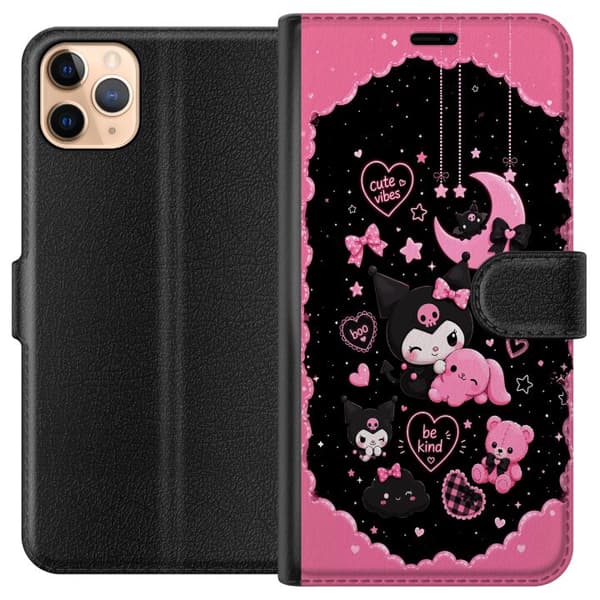 Kompatibel Tegnebogsetui til Apple iPhone 11 Pro Max Søde lyserøde og sorte gothfigurer med hjerter, måne, stjerner og positiv tekst sort