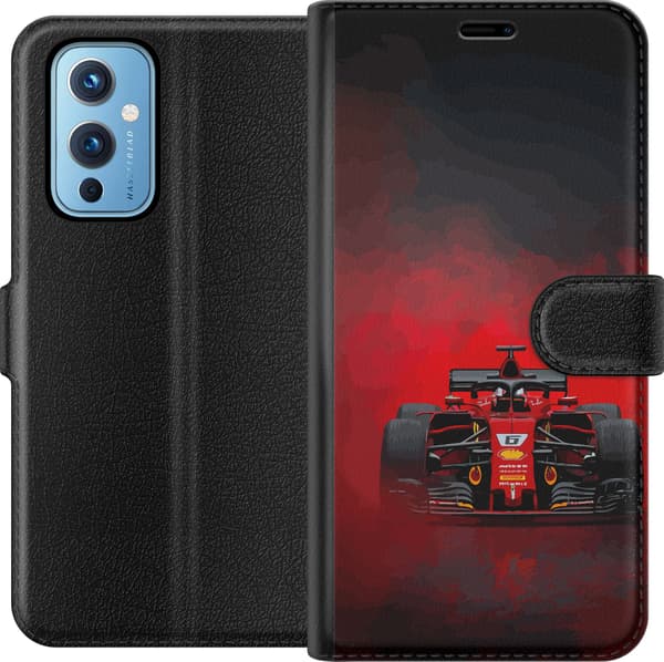 Kompatibel Tegnebogsetui til OnePlus 9 Rød formelbil set forfra under en rød røgsky på sort baggrund sort