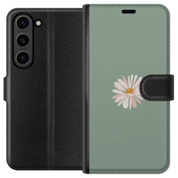 Samsung Galaxy S24+ Plånboksfodral Grön Minimalblomma – stilren blomma på grön bakgrund