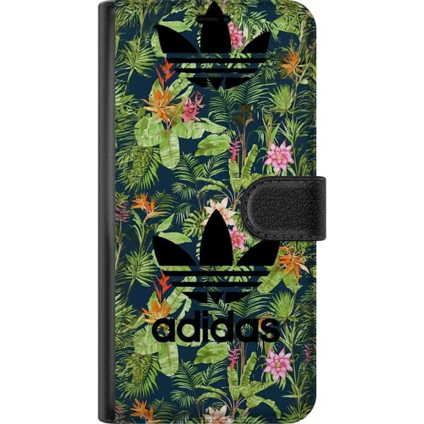 Kompatibel Tegnebogsetui til Apple iPhone 17e Tropiske blade og eksotiske blomster med mørk baggrund grøn
