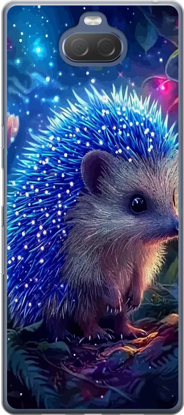 Kompatibelt Mobildeksel til Sony Xperia 10 Plus Pinnsvin med blålysende pigger blant planter og stjernelignende lyspunkter blå