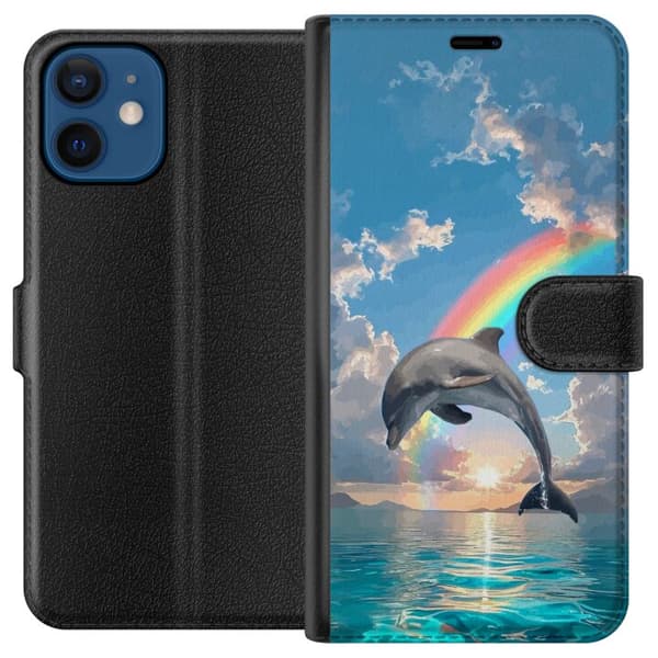 Kompatibelt Plånboksfodral till Apple iPhone 12 mini Realistisk delfin framför regnbåge över lugnt hav blå