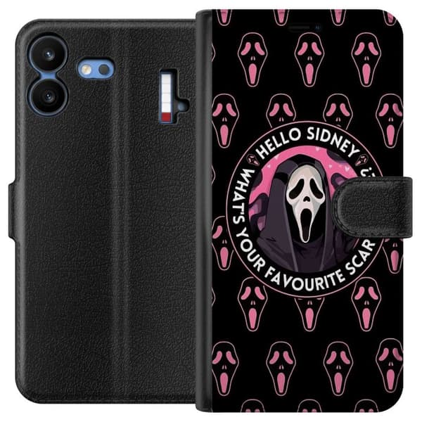 Kompatibel Tegnebogsetui til Nothing Phone 4b Sort og rosa skrækmotiv med maskerede figurer og teksten Hello Sidney sort