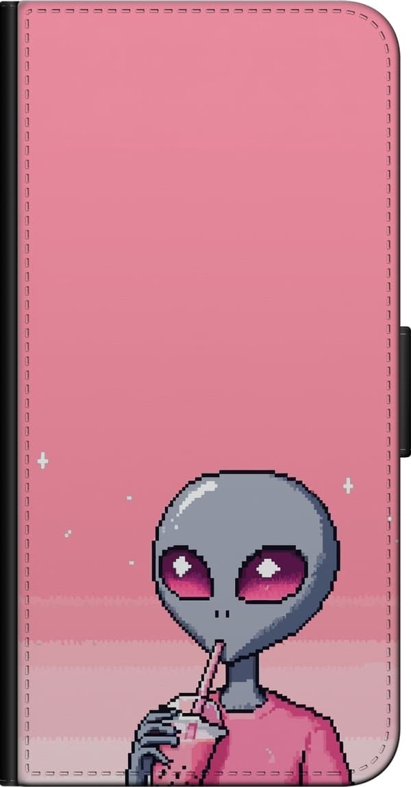 Kompatibel Tegnebogsetui til OnePlus 9 Pro Retro-pixelillustration af en grå alien, der drikker lyserød drik på lyserød baggrund pink