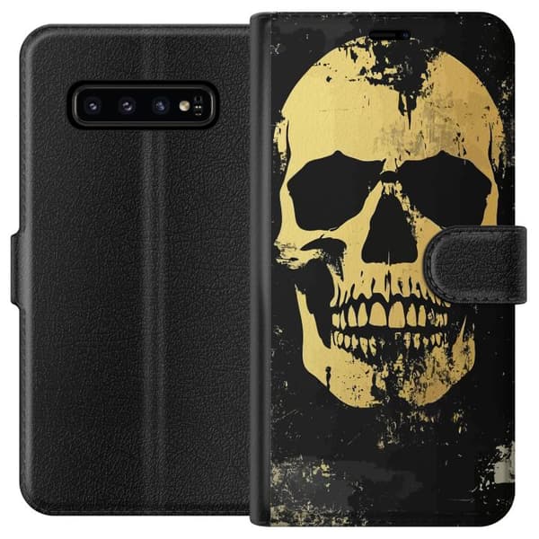 Kompatibel Tegnebogsetui til Samsung Galaxy S10 Stor gul dødningehoved i slidt grungestil mod sort baggrund sort