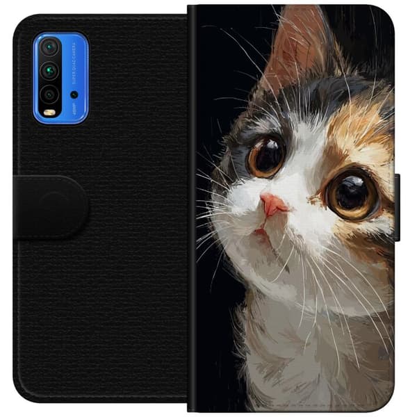 Kompatibel Tegnebogsetui til Xiaomi Redmi Note 9 4G Kunstnerisk portræt af trefarvet kat med store brune øjne mod sort baggrund sort