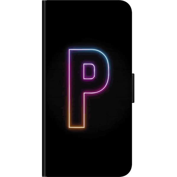 Kompatibel Tegnebogsetui til OnePlus 9 Pro Minimalistisk neonbogstav P i farvegradient og lyseffekt mod sort baggrund i digital neonstil