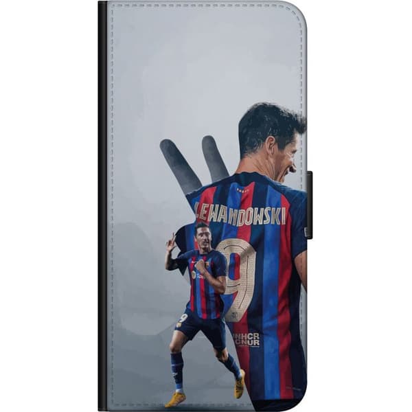 Kompatibel Tegnebogsetui til Xiaomi Redmi Note 9 4G Robert Lewandowski med nummer 9 - fodboldcollage i lyseblå og rød blå