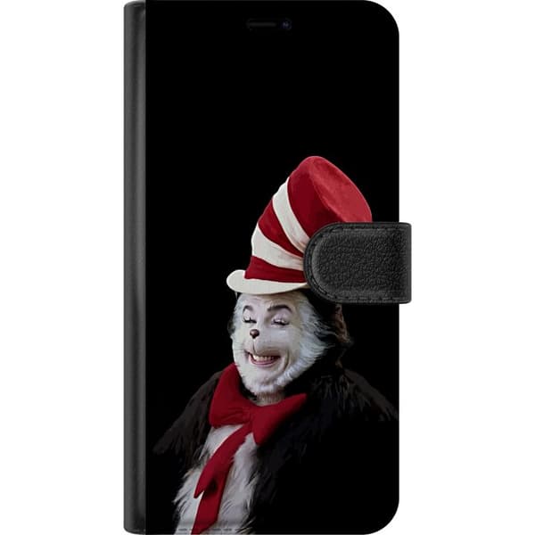 Kompatibel Tegnebogsetui til Huawei Mate 20 Pro Smilende sort-hvid kat med høj rød- og hvidstribet hat og rød sløjfe mod sort baggrund sort