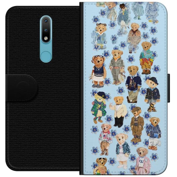 Kompatibel Tegnebogsetui til Nokia 2.4 Søde bamser i trendy tøj med blå blomster blå