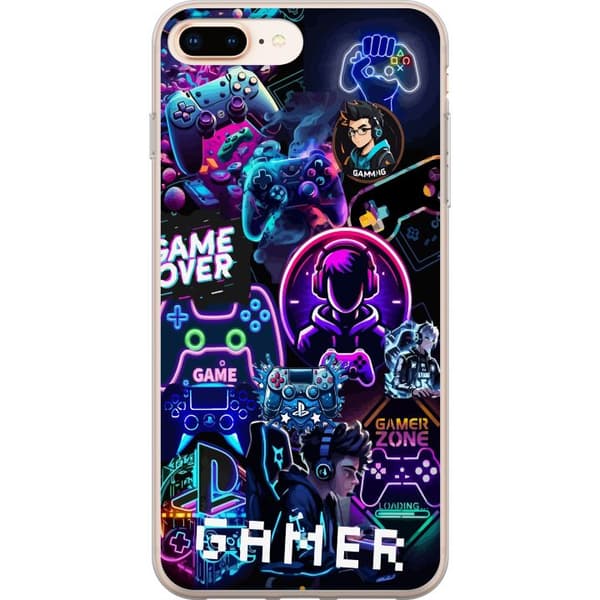 Kompatibelt Mobildeksel til Apple iPhone 8 Plus Neon gamer-collage med konsoller, headset og gaming-vibber