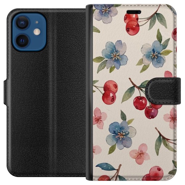 Apple iPhone 12  Lompakkokotelo Marjat & Kukat - kuvio, jossa on sinisiä kukkia ja metsänmarjoja