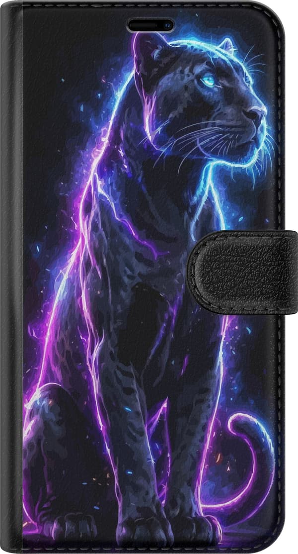 Kompatibel Tegnebogsetui til Nothing Phone 4a Pro Sort panter med blå og lilla neonlinjer mod sort baggrund sort