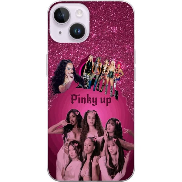 Kompatibelt Mobildeksel til Apple iPhone 15 Plus KATSEYE i rosa collage med sløyfer, glitrende bakgrunn og mørk dekorativ tekst rosa