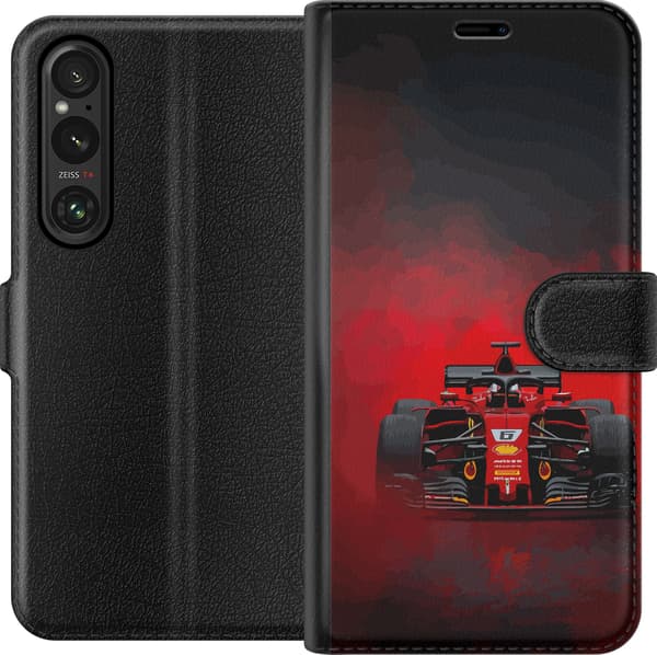 Kompatibel Tegnebogsetui til Sony Xperia 1 V Rød formelbil set forfra under en rød røgsky på sort baggrund sort