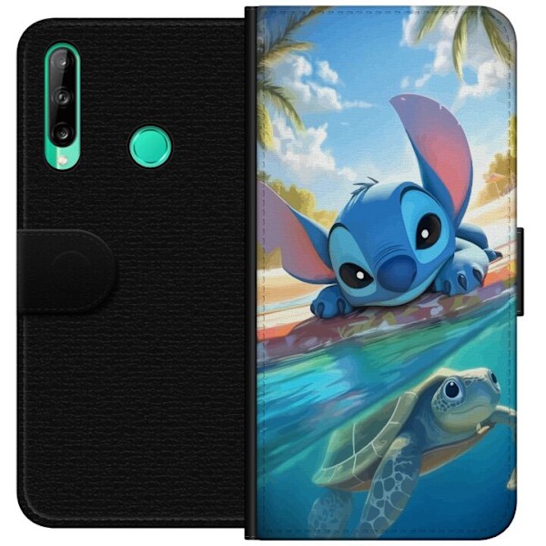 Huawei P40 lite E Plånboksfodral Stitch med sköldpadda – söt blå alien i tropisk strandmiljö från Disney