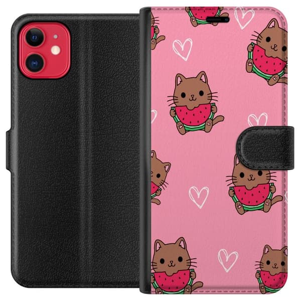 Kompatibel Tegnebogsetui til Apple iPhone 11 Kat med vandmelon på lyserød baggrund