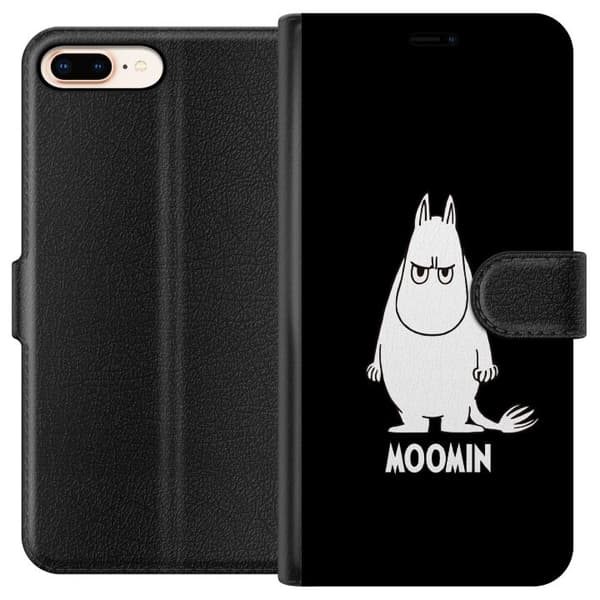 Kompatibel Tegnebogsetui til Apple iPhone 8 Plus Mumitrolden med en bestemt mine mod sort baggrund i minimalistisk stil sort