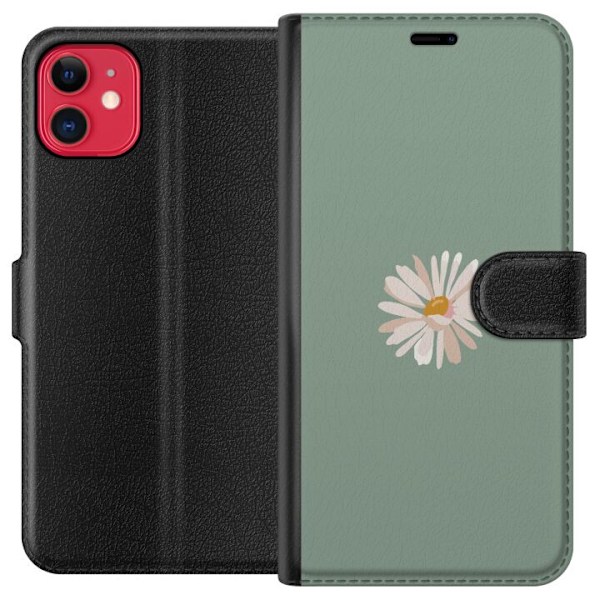 Apple iPhone 11 Plånboksfodral Grön Minimalblomma – stilren blomma på grön bakgrund