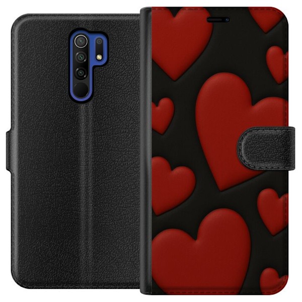Xiaomi Redmi 9 Tegnebogsetui Rød Fløjlshjerter
