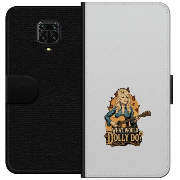 Kompatibelt Plånboksfodral till Xiaomi Redmi Note 9S Dolly Parton med gitarr och fjärilar grå